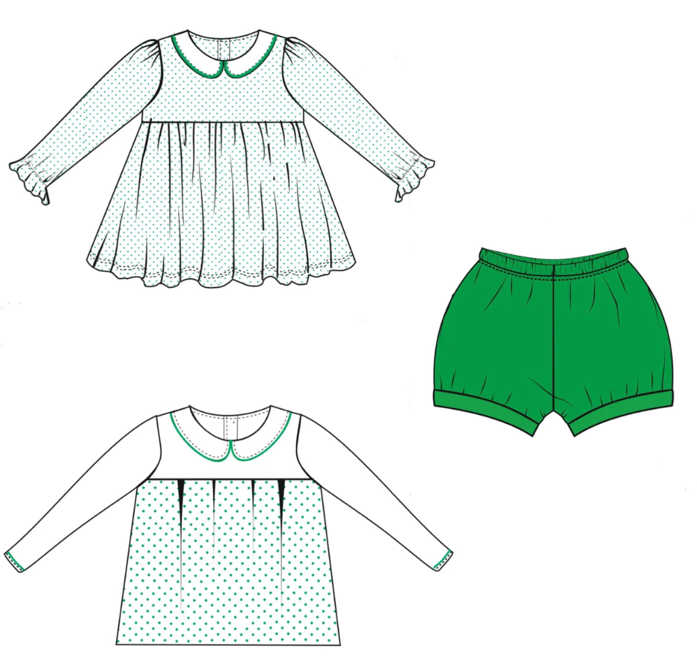 St. Patrick's Day Boy and Girl Green Bitty Dot Short Sets Peter Pan Knit Float Top with Banded Shorts - GREEN