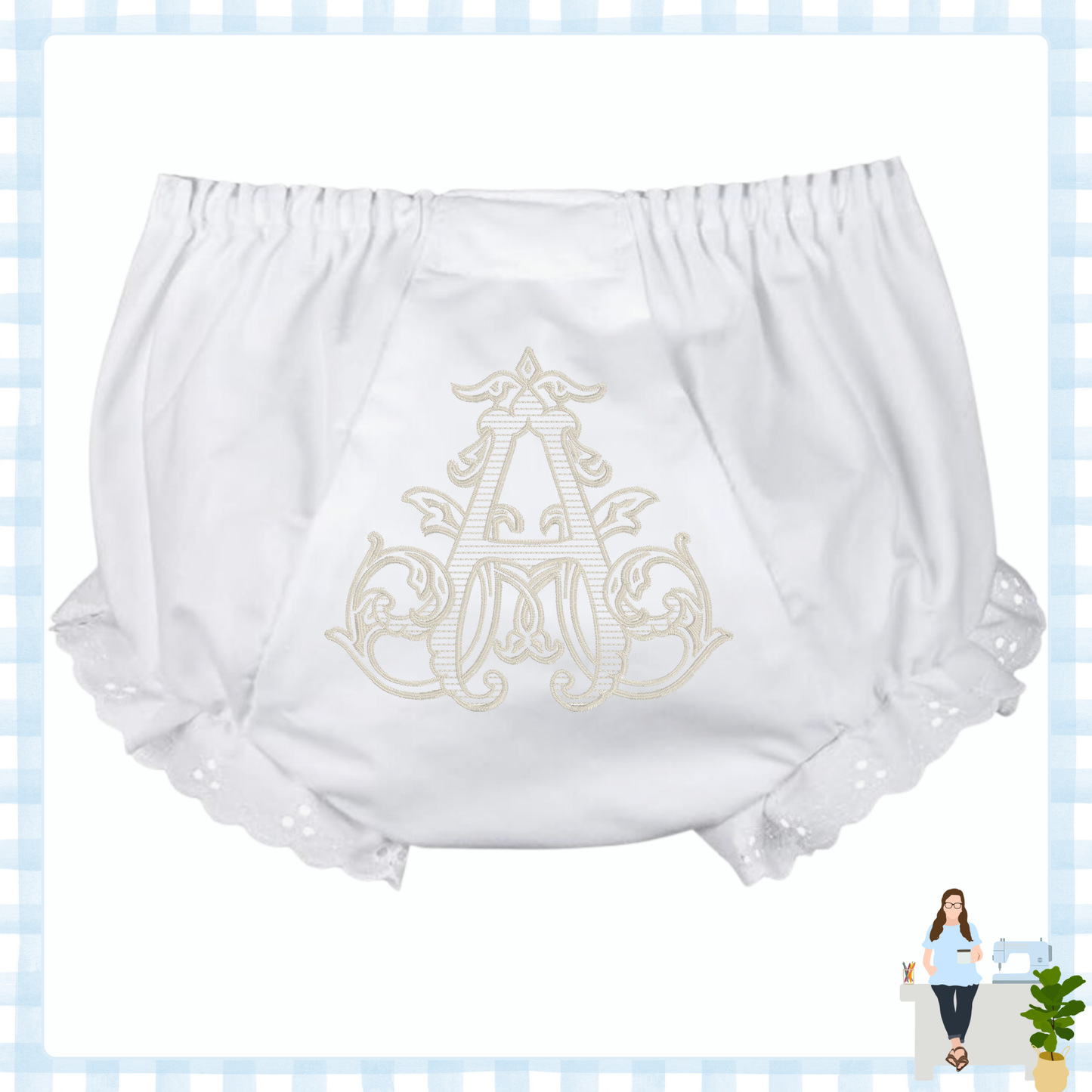 Eyelet Trim Vintage Vine Single Initial Bloomers