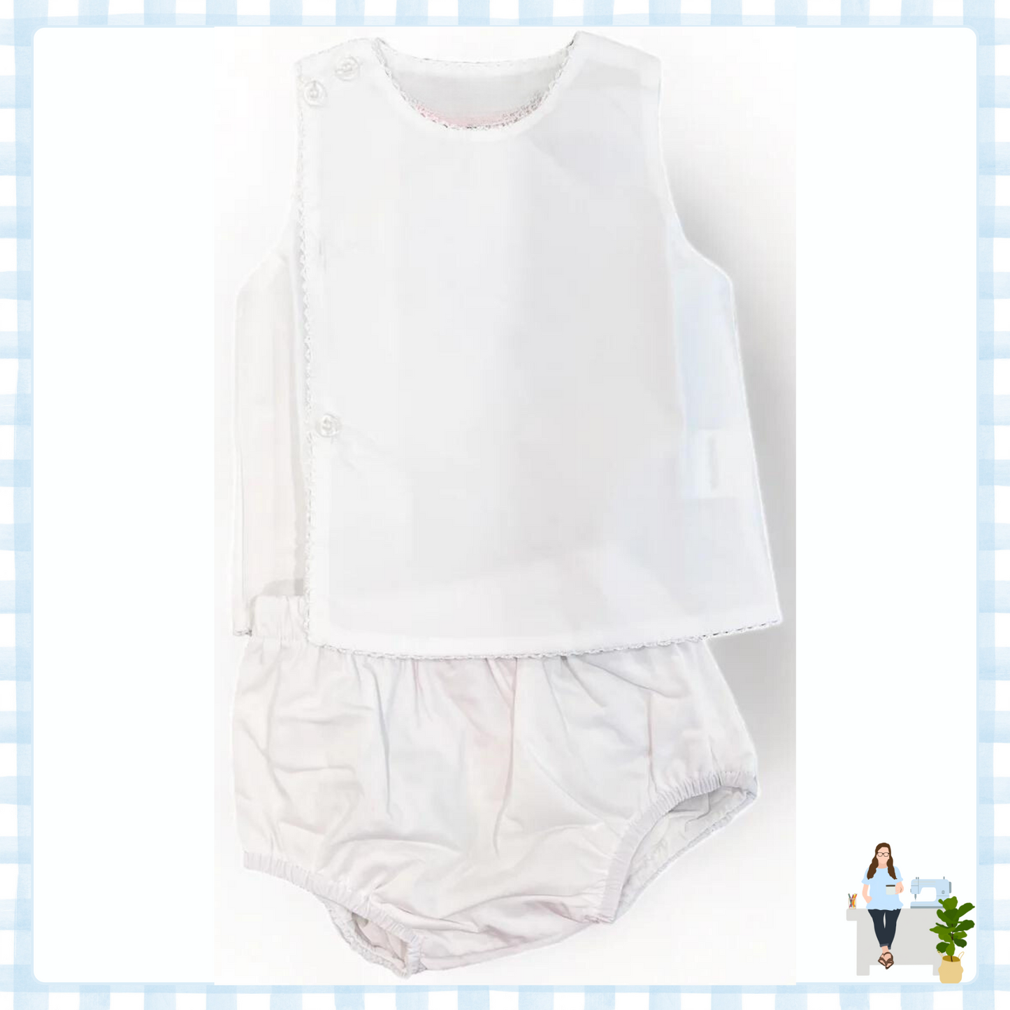 White with White Picot Trim Diaper Set