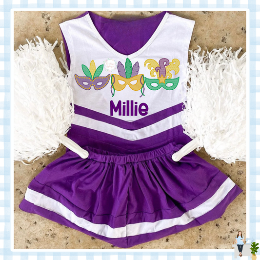 Mardi Gras  Cheer Uniform Purple Green Gold Monogram Personalized Cotton Play Cheerleader Team Football Baseball Basketball Spirit Uniform