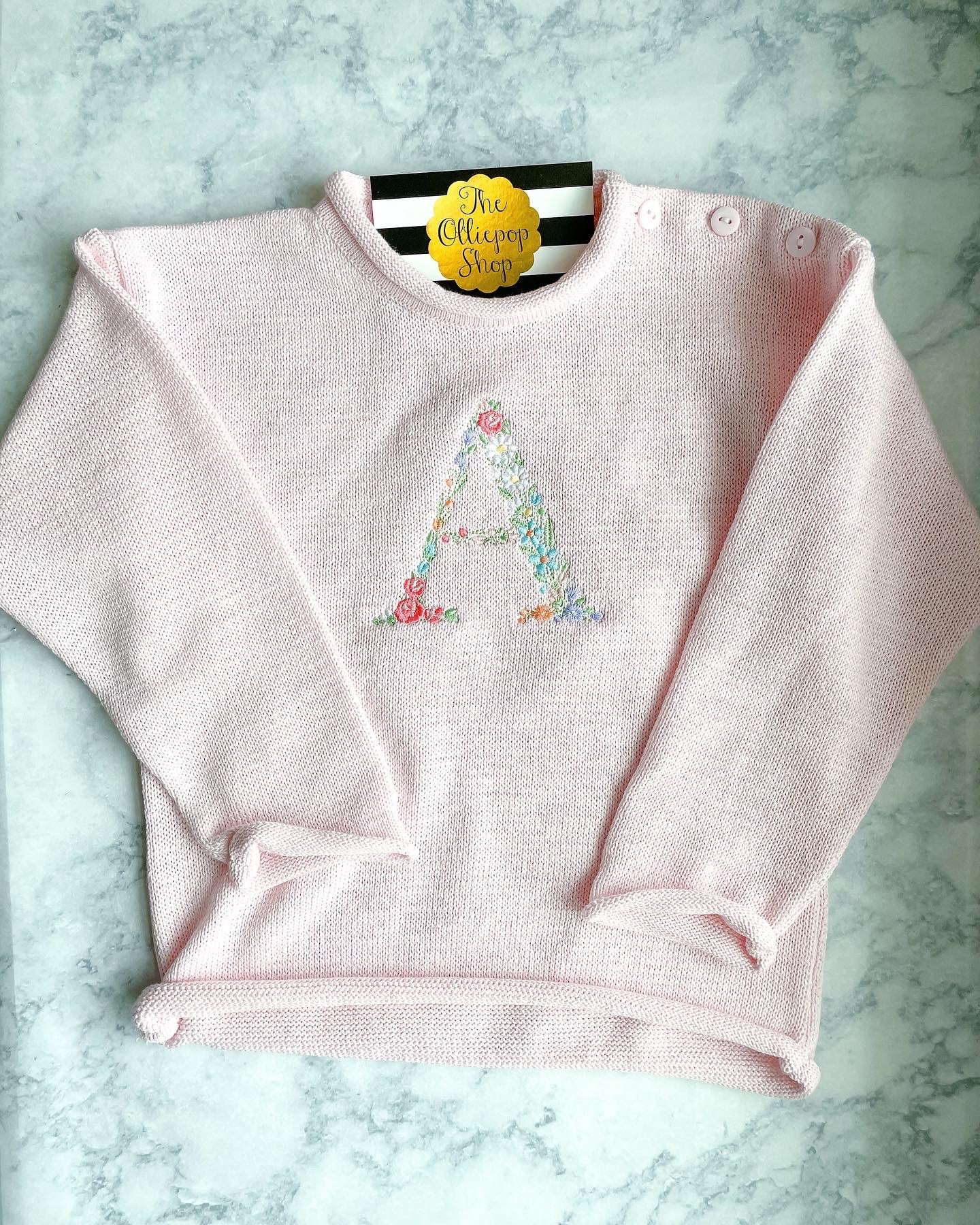 Floral Initial Rollneck Button Neck Sweater