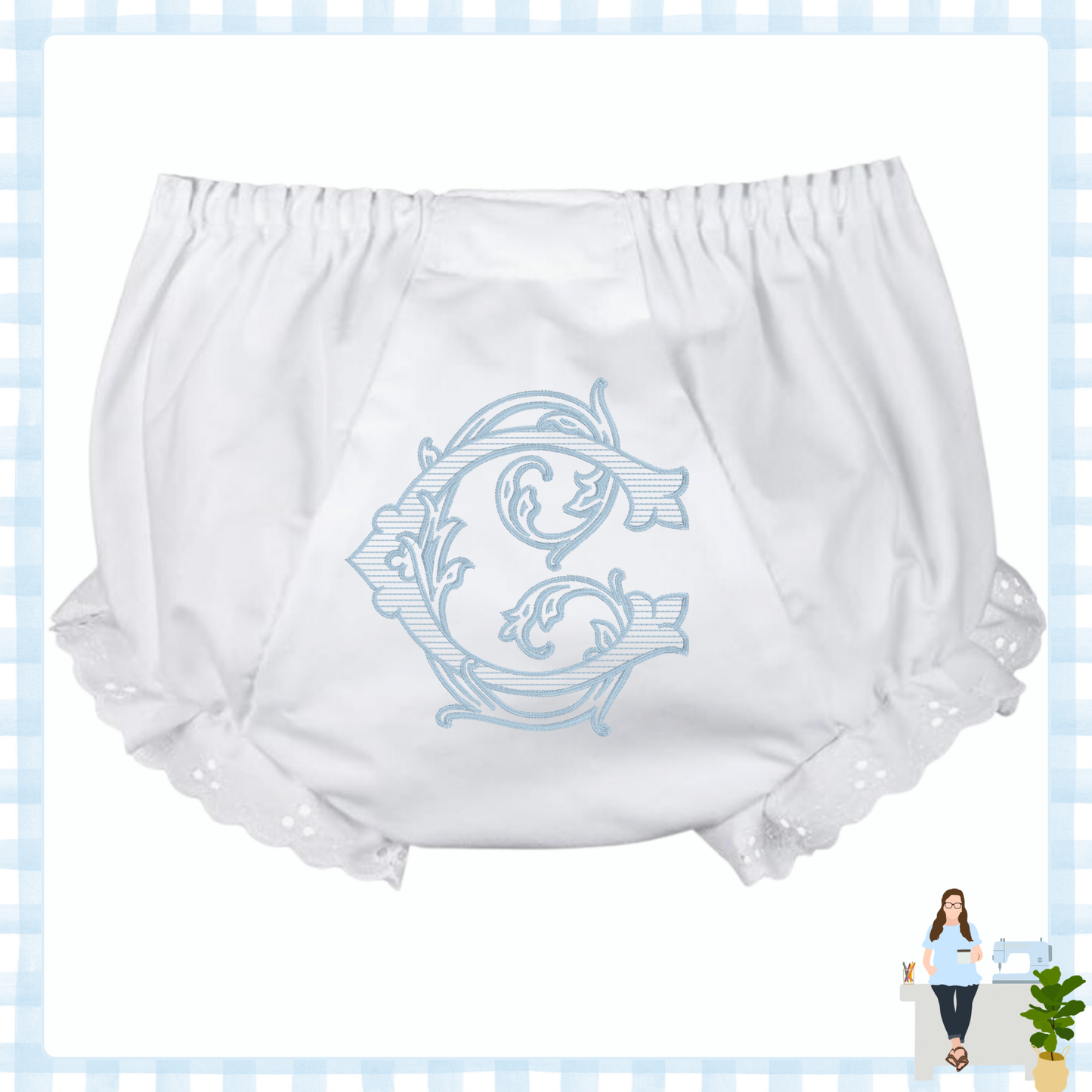 Eyelet Trim Vintage Vine Single Initial Bloomers