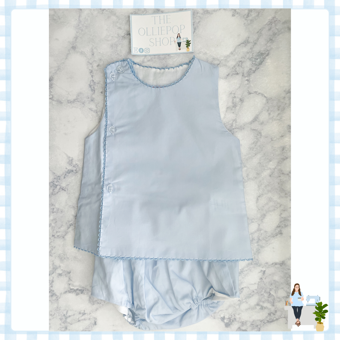 Blue with White Picot Trim Diaper Set