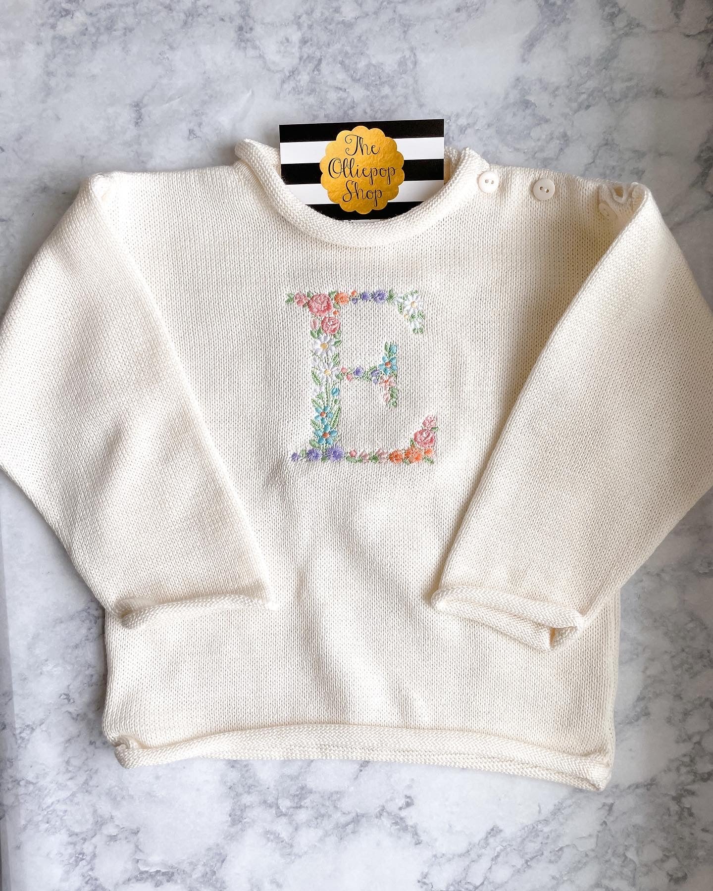 Floral Initial Rollneck Button Neck Sweater