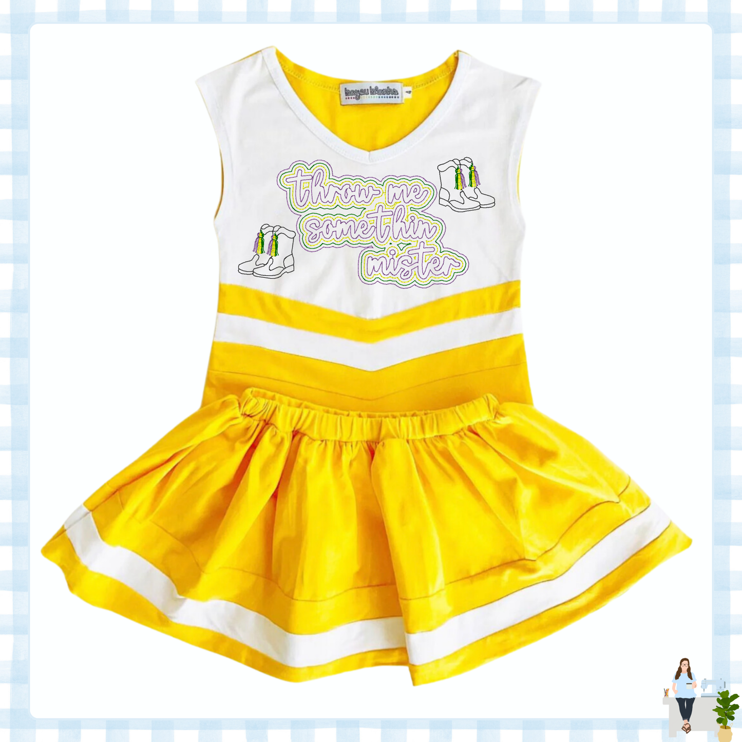 Mardi Gras  Cheer Uniform Purple Green Gold Monogram Personalized Cotton Play Cheerleader Team Football Baseball Basketball Spirit Uniform