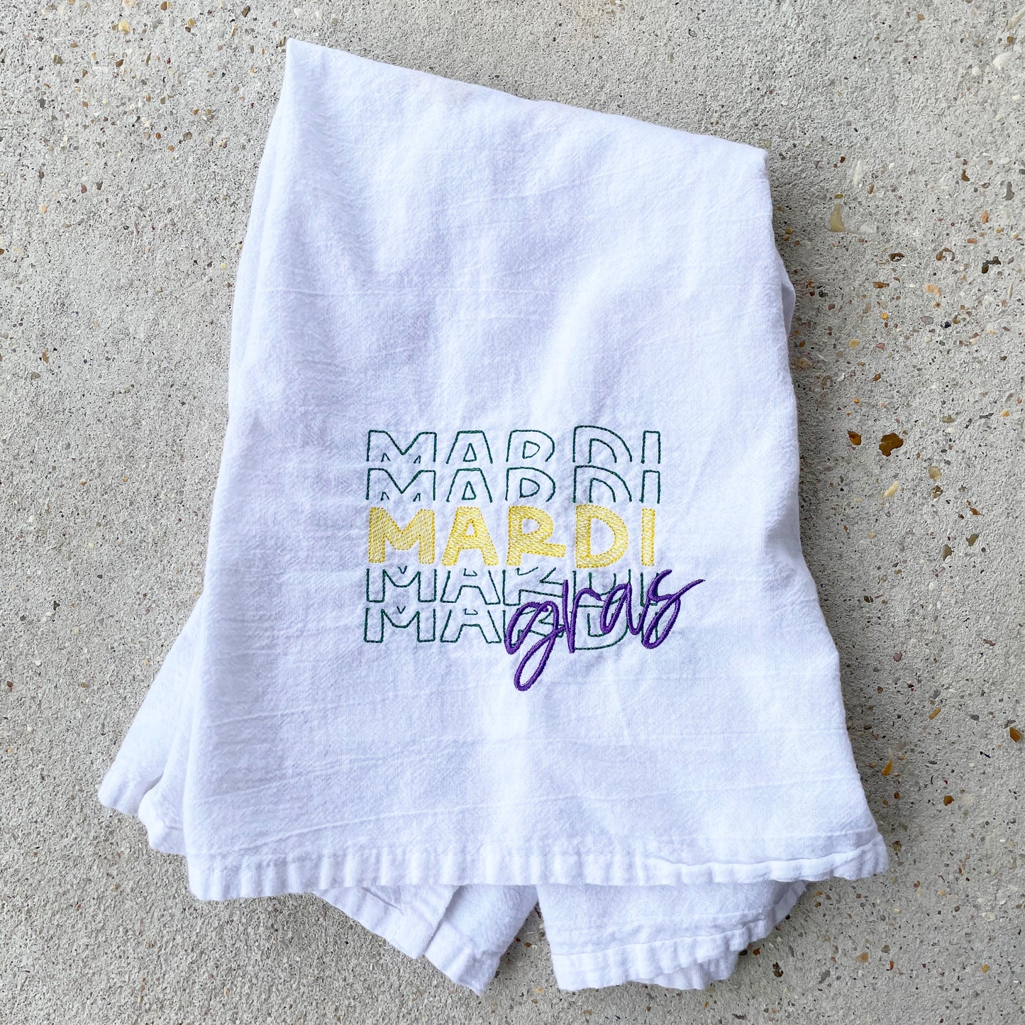 Embroidered Mardi Gras Christmas Housewarming Wedding Gift Three Letter Monogrammed Personalized Flour Sack Kitchen Towel