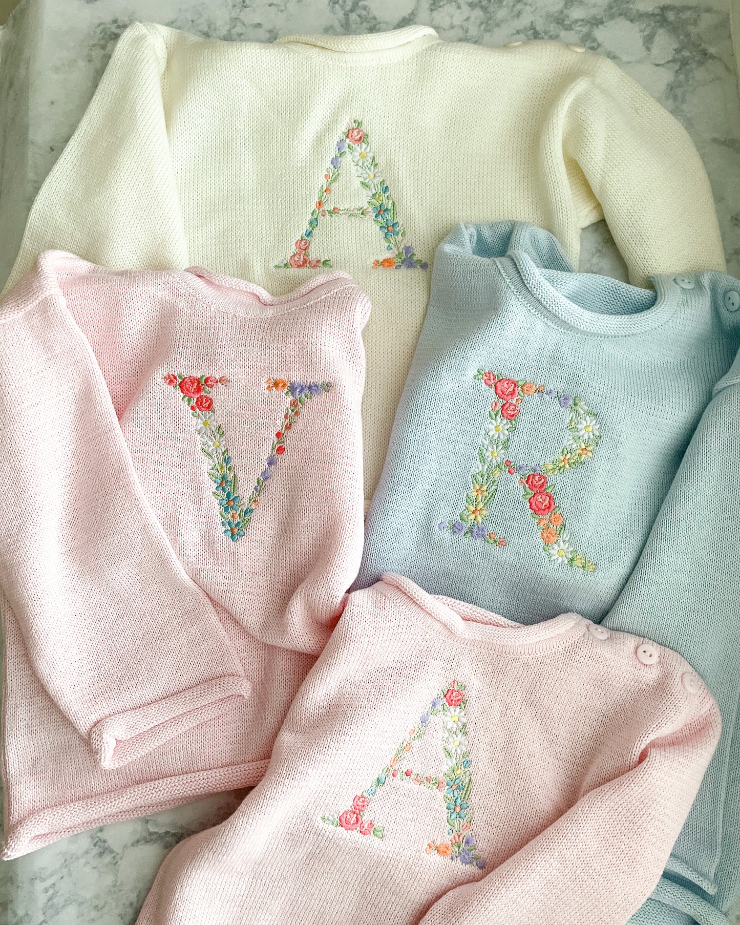 Floral Initial Rollneck Button Neck Sweater