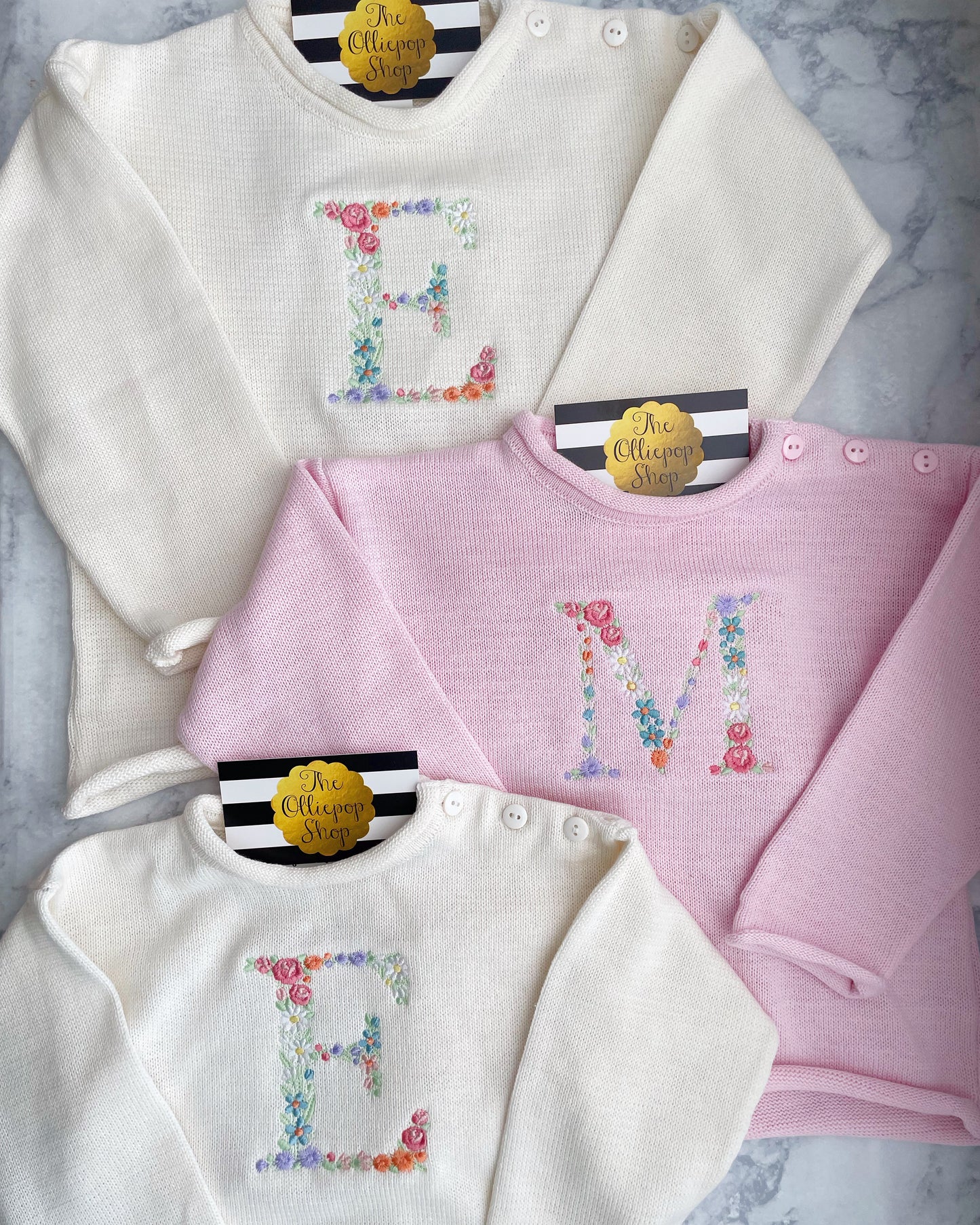 Floral Initial Rollneck Button Neck Sweater