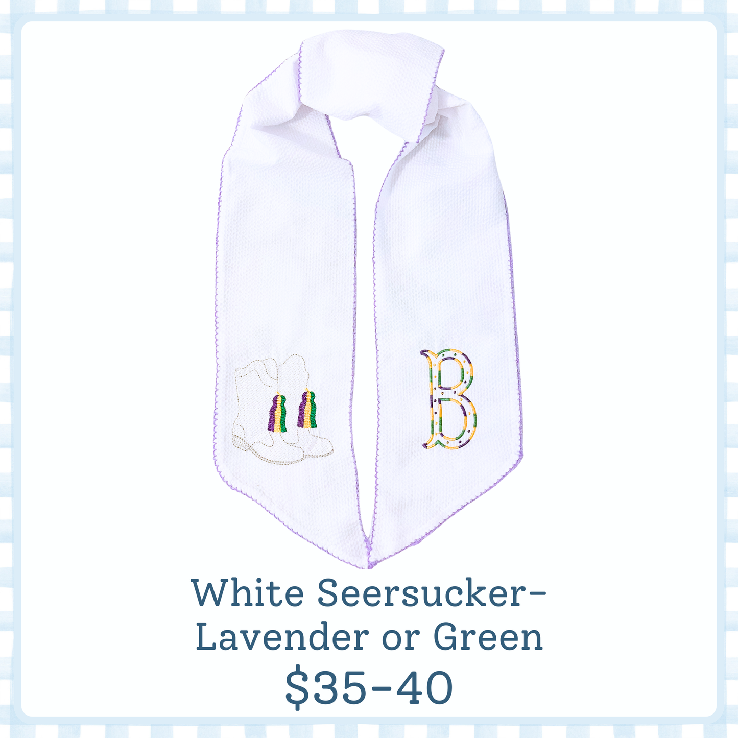 Mardi Gras Wreath Sash-White Seersucker with Lavender OR Green Trim