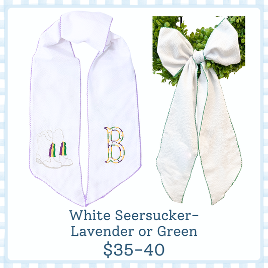 Mardi Gras Wreath Sash-White Seersucker with Lavender OR Green Trim