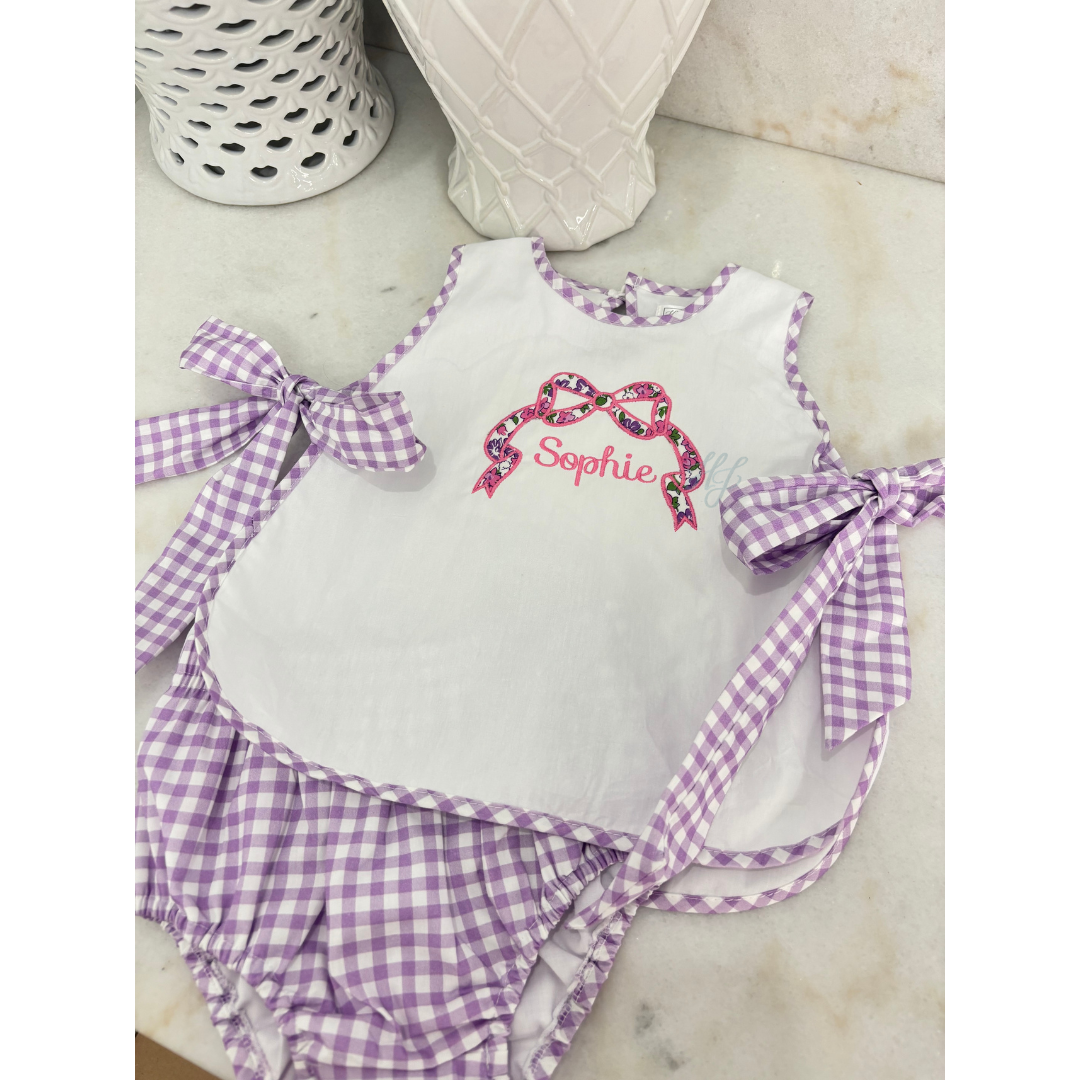 Hampton Purple Gingham Bow Diaper Set