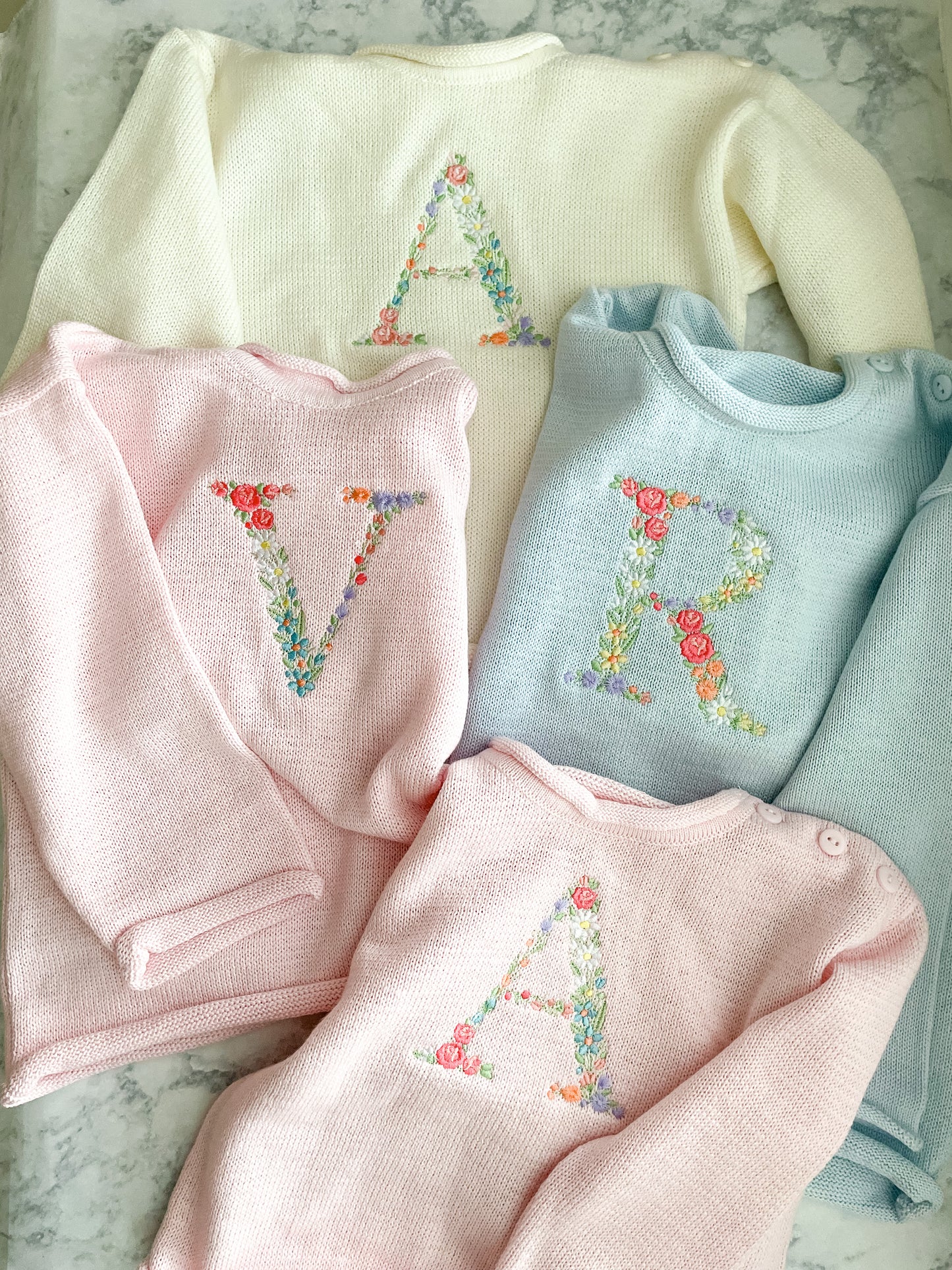 Floral Initial Rollneck Button Neck Sweater