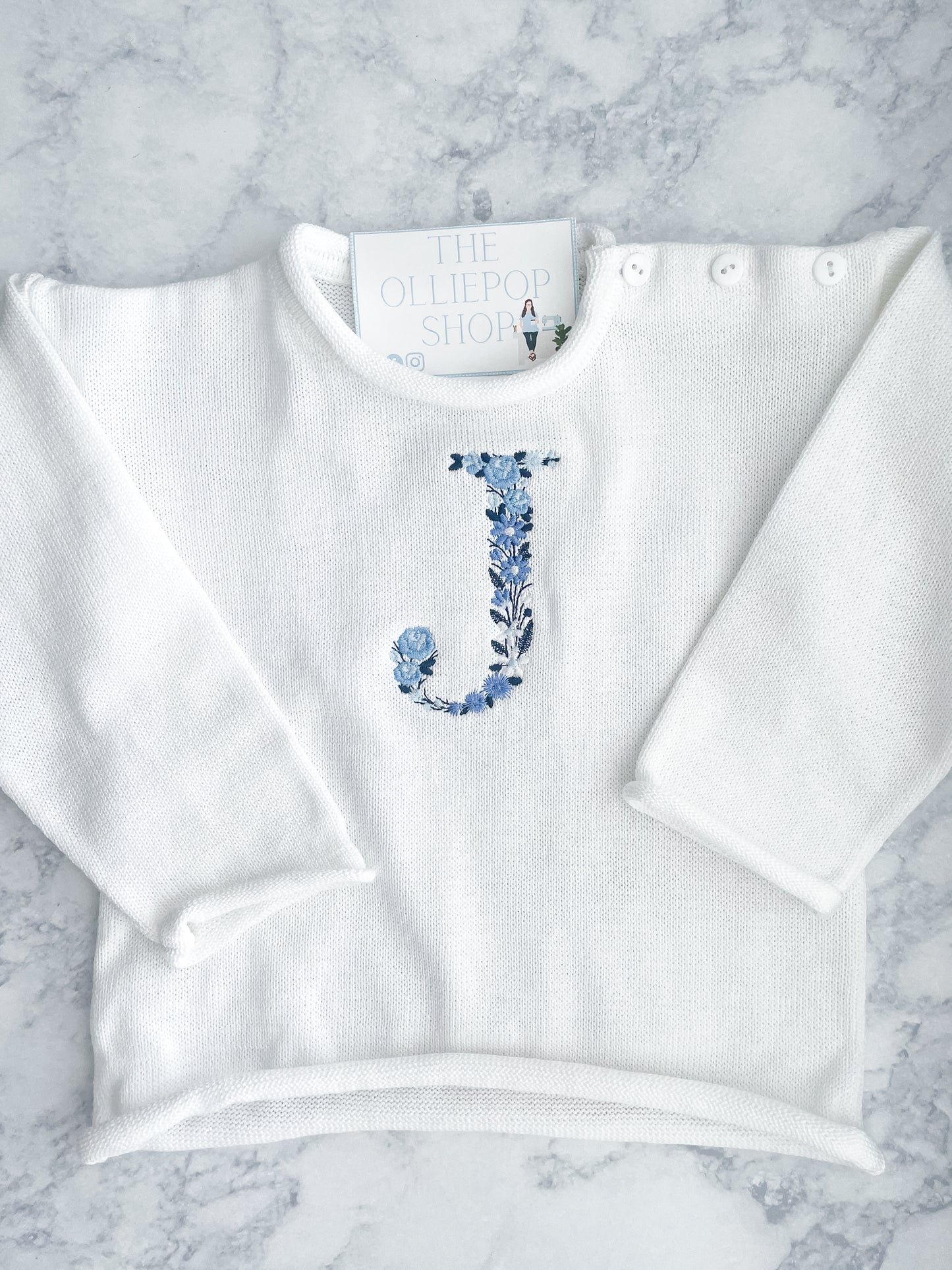 Floral Initial Rollneck Button Neck Sweater