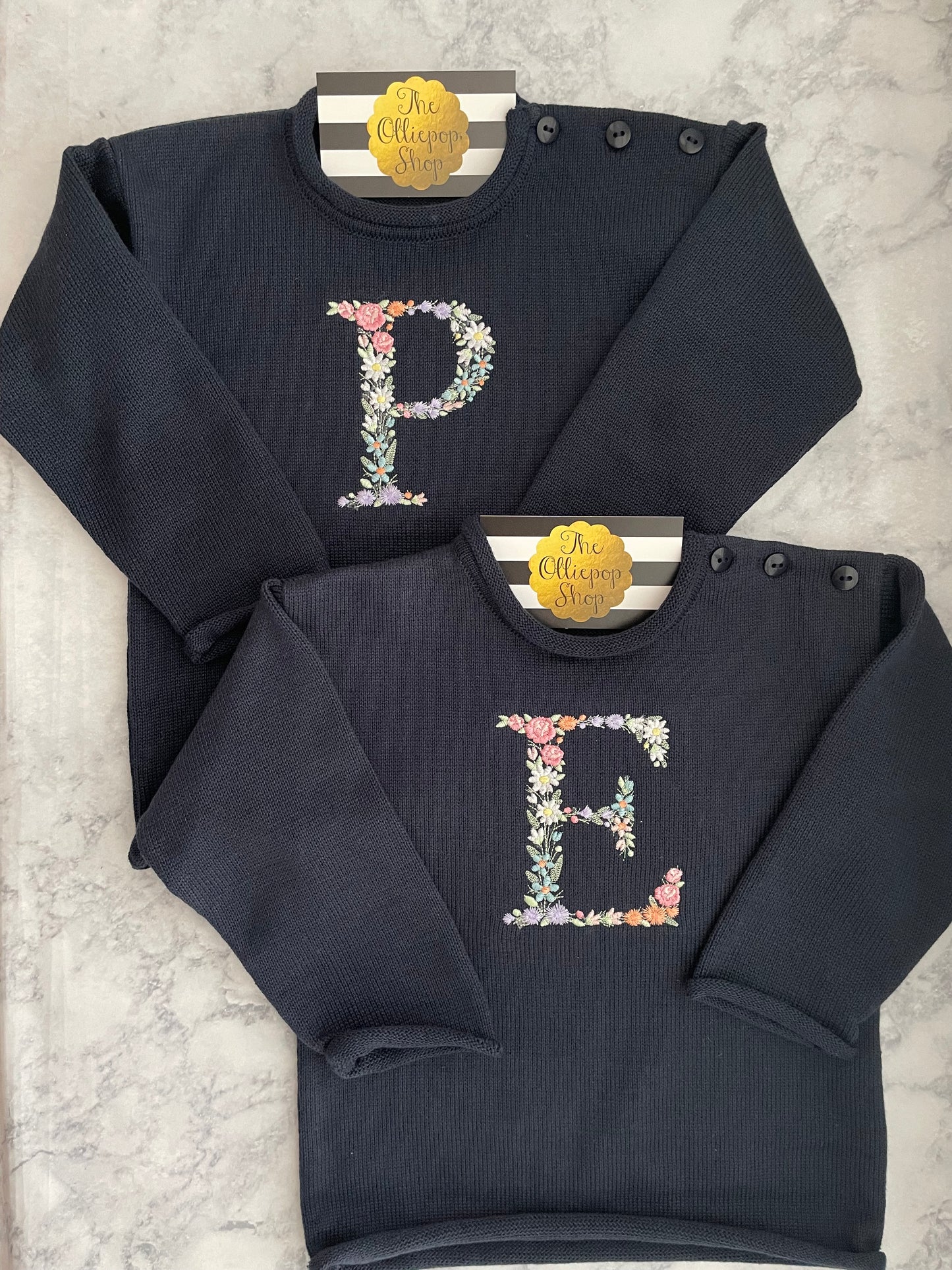 Floral Initial Rollneck Button Neck Sweater