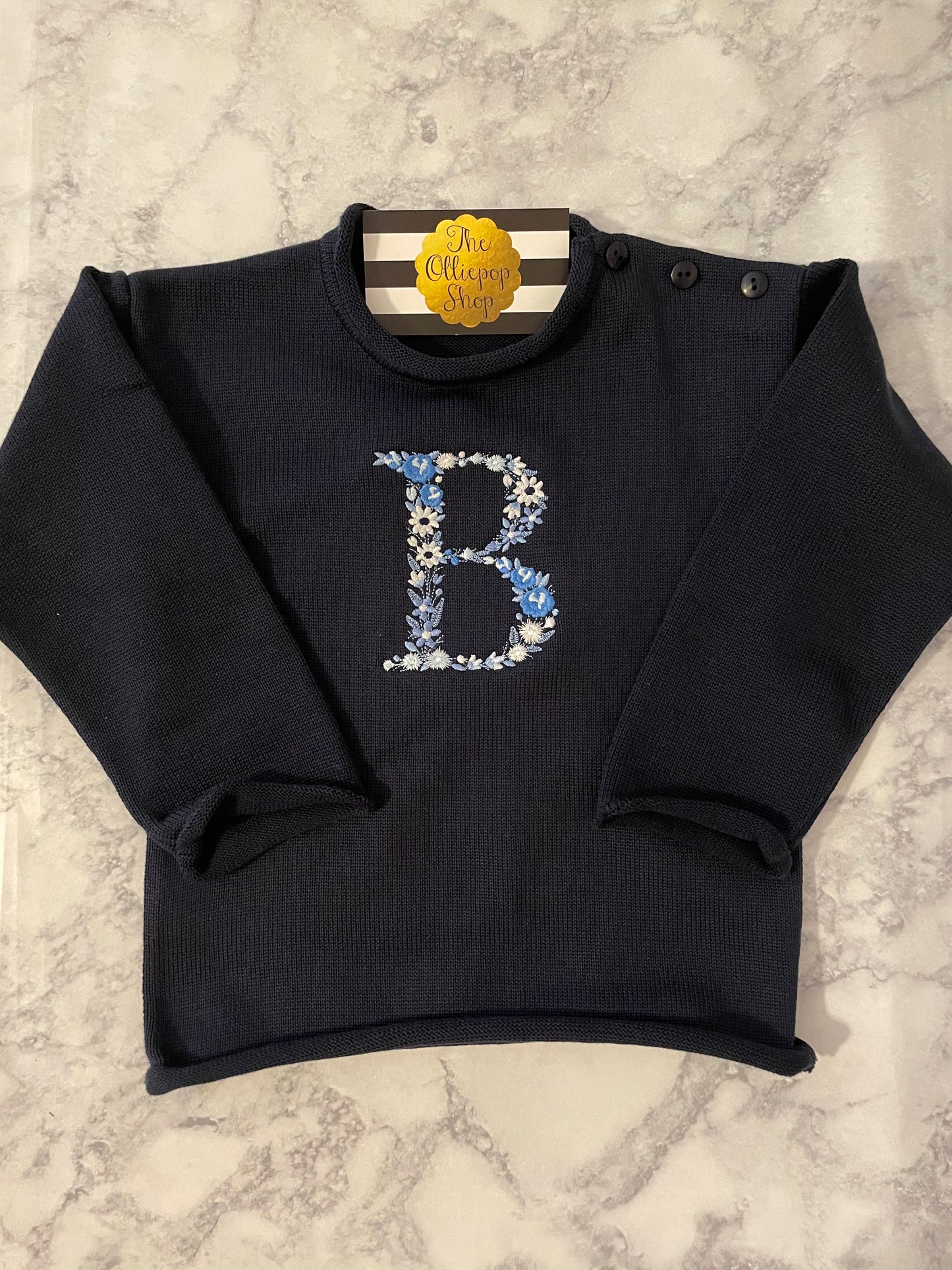 Floral Initial Rollneck Button Neck Sweater