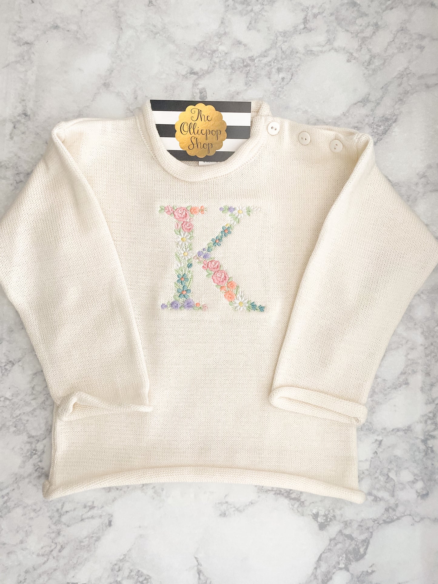 Floral Initial Rollneck Button Neck Sweater
