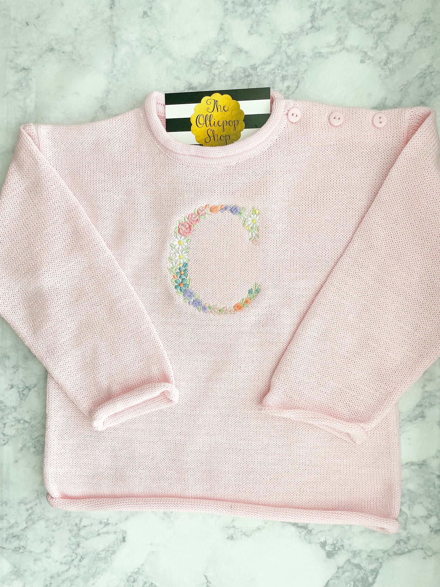 Floral Initial Rollneck Button Neck Sweater