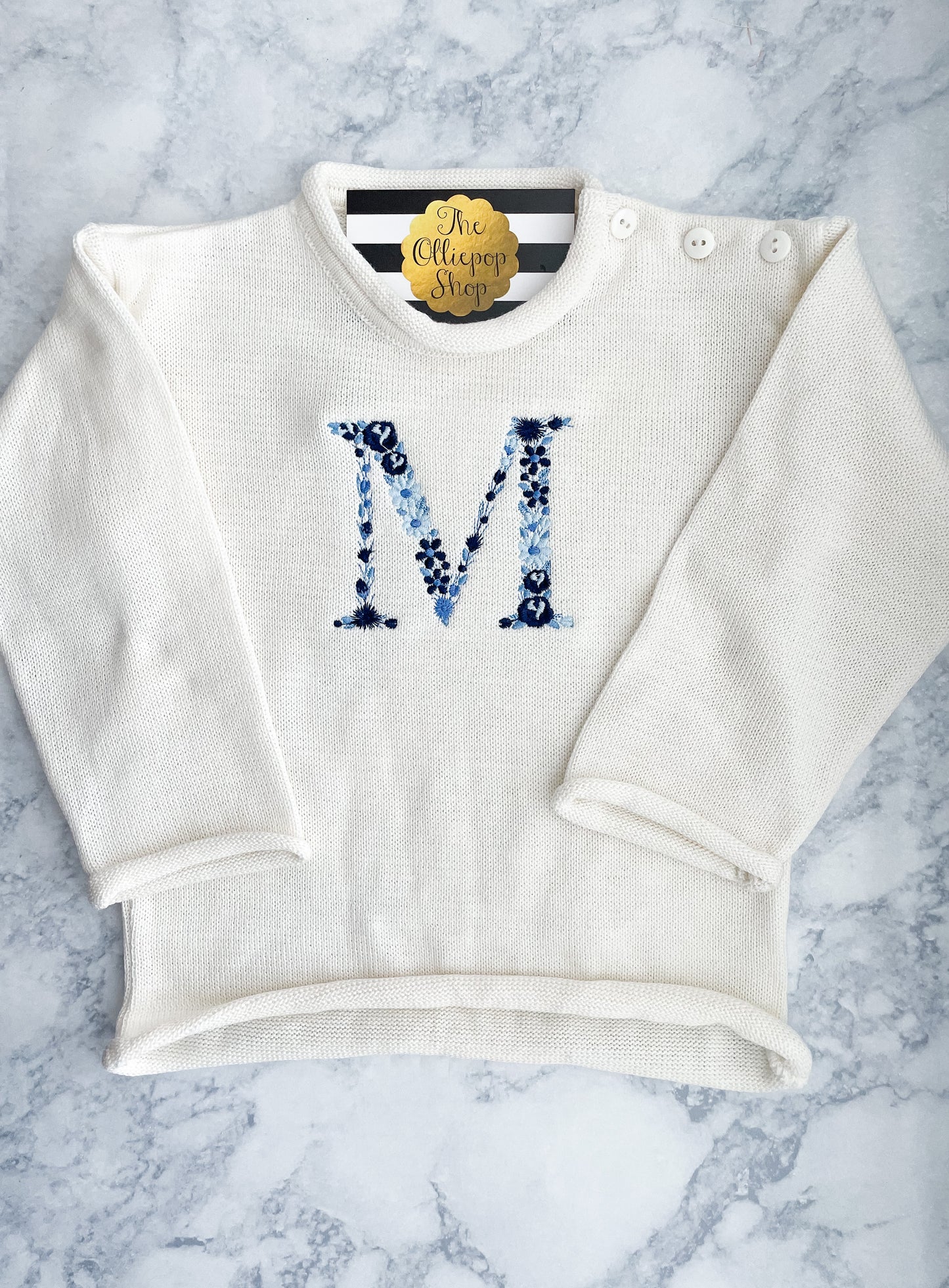 Floral Initial Rollneck Button Neck Sweater