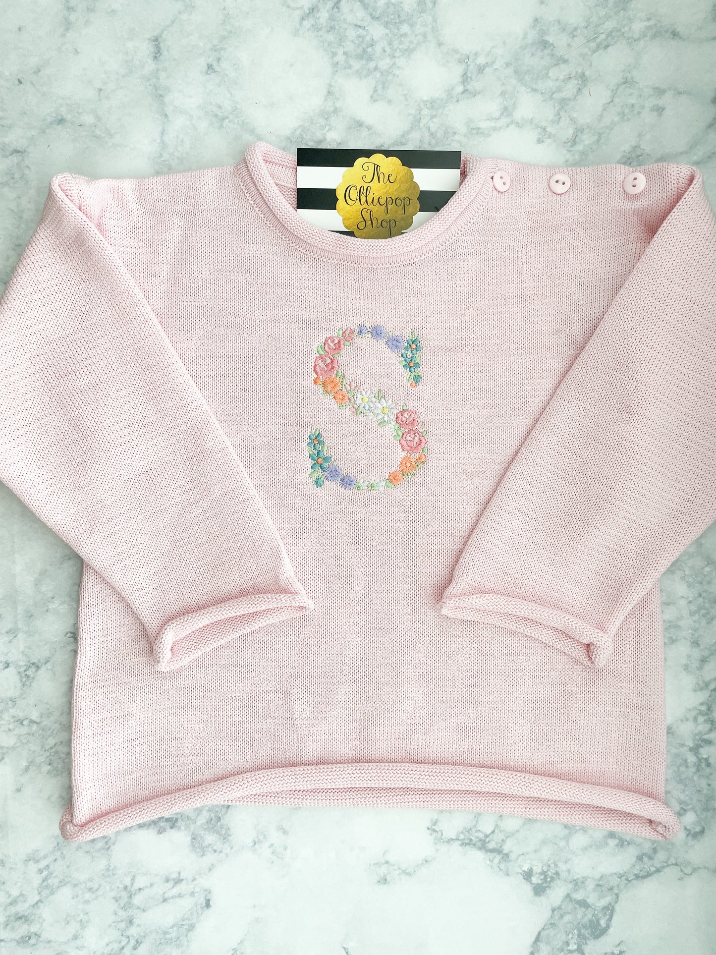 Floral Initial Rollneck Button Neck Sweater