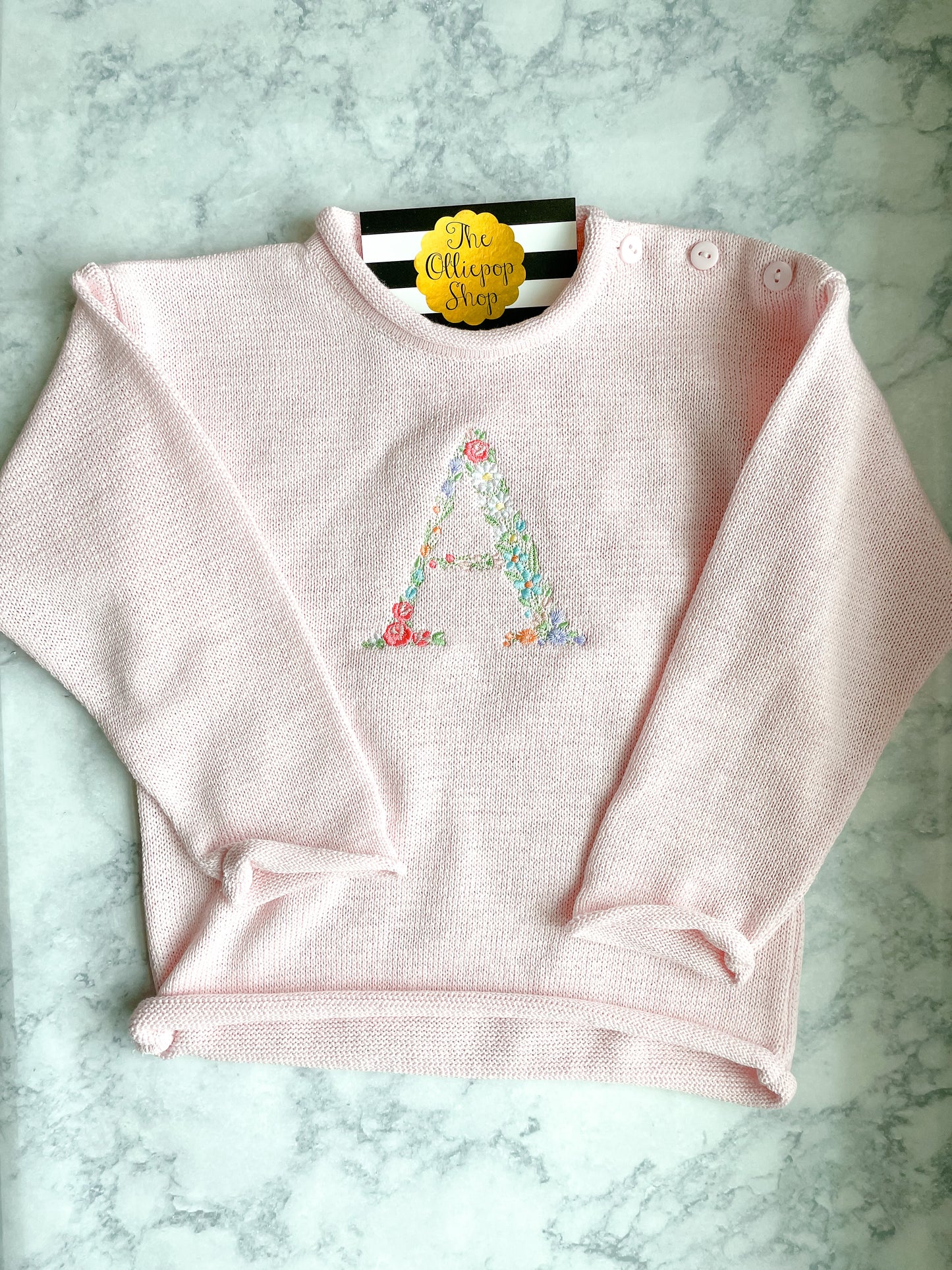 Floral Initial Rollneck Button Neck Sweater