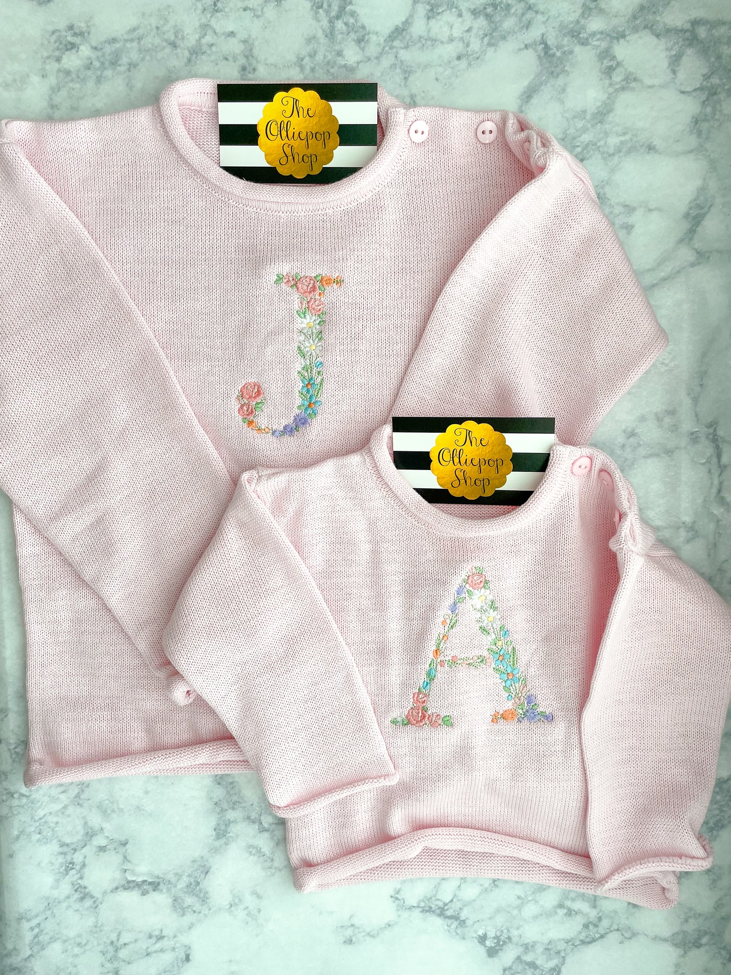 Floral Initial Rollneck Button Neck Sweater