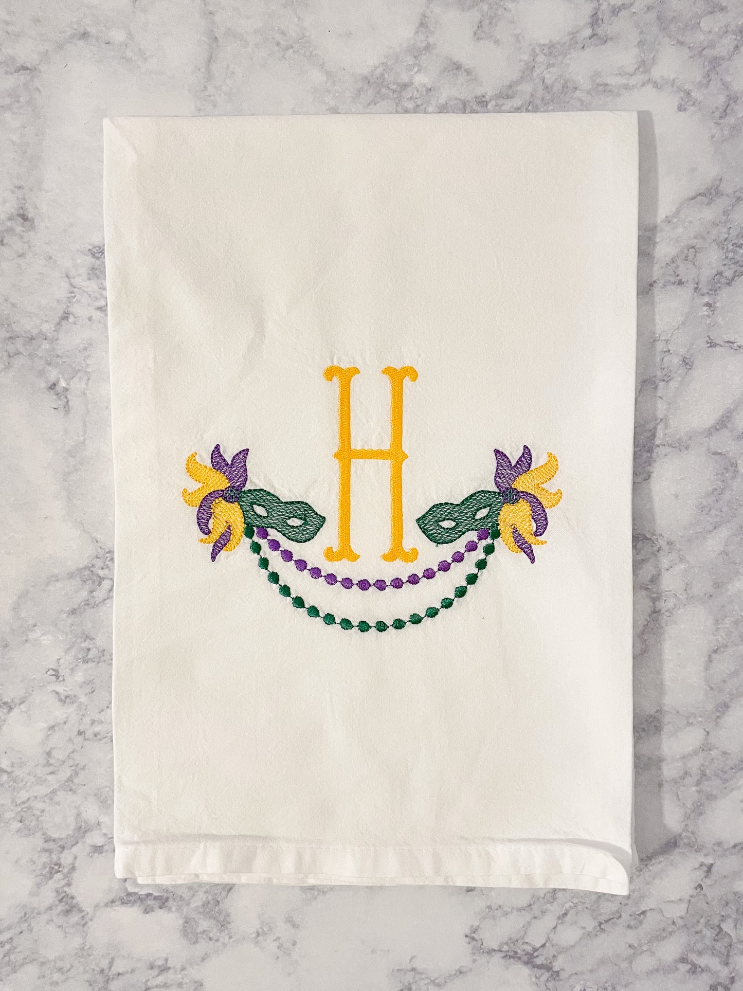 Embroidered Mardi Gras Christmas Housewarming Wedding Gift Three Letter Monogrammed Personalized Flour Sack Kitchen Towel