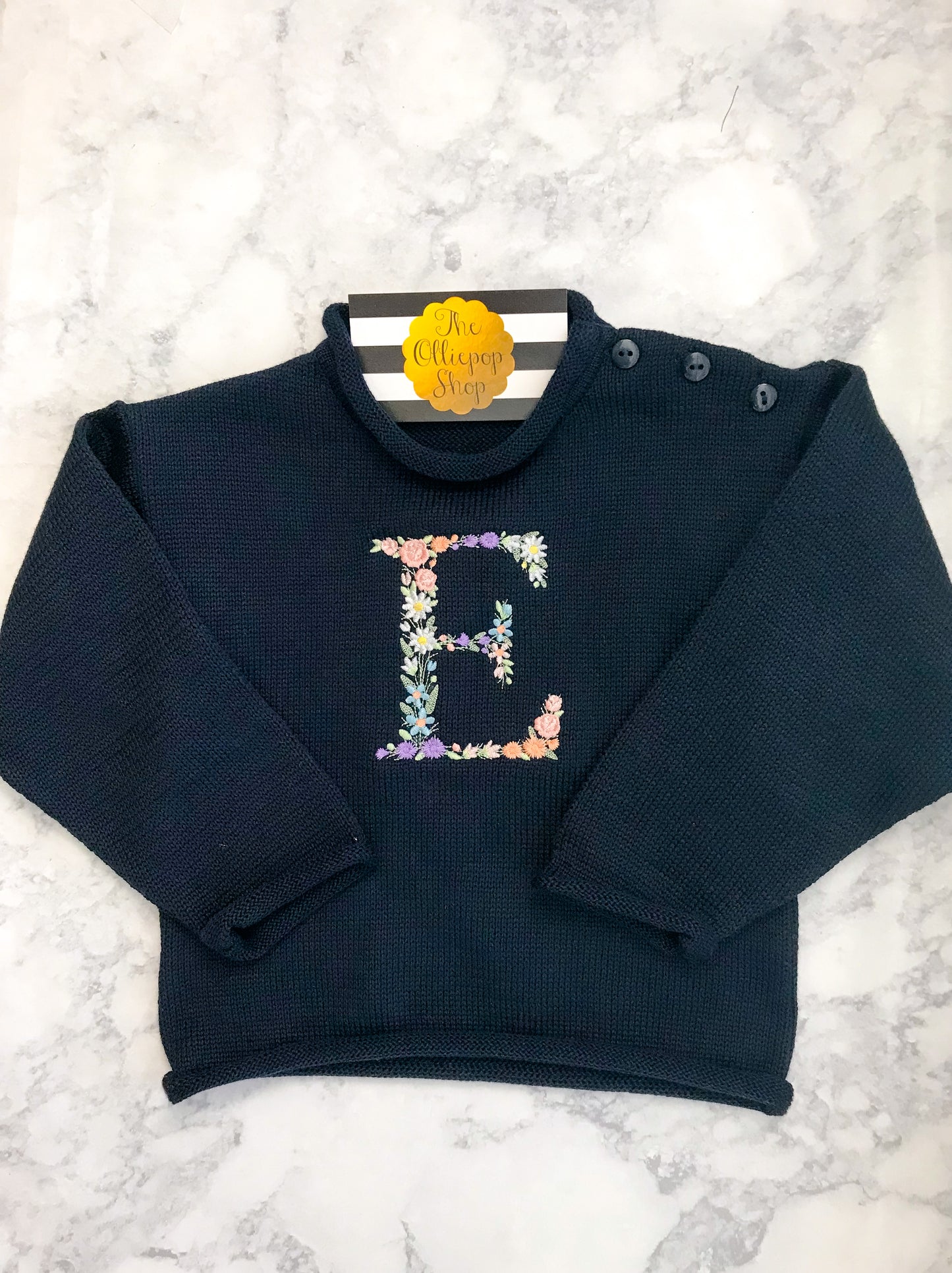 Floral Initial Rollneck Button Neck Sweater