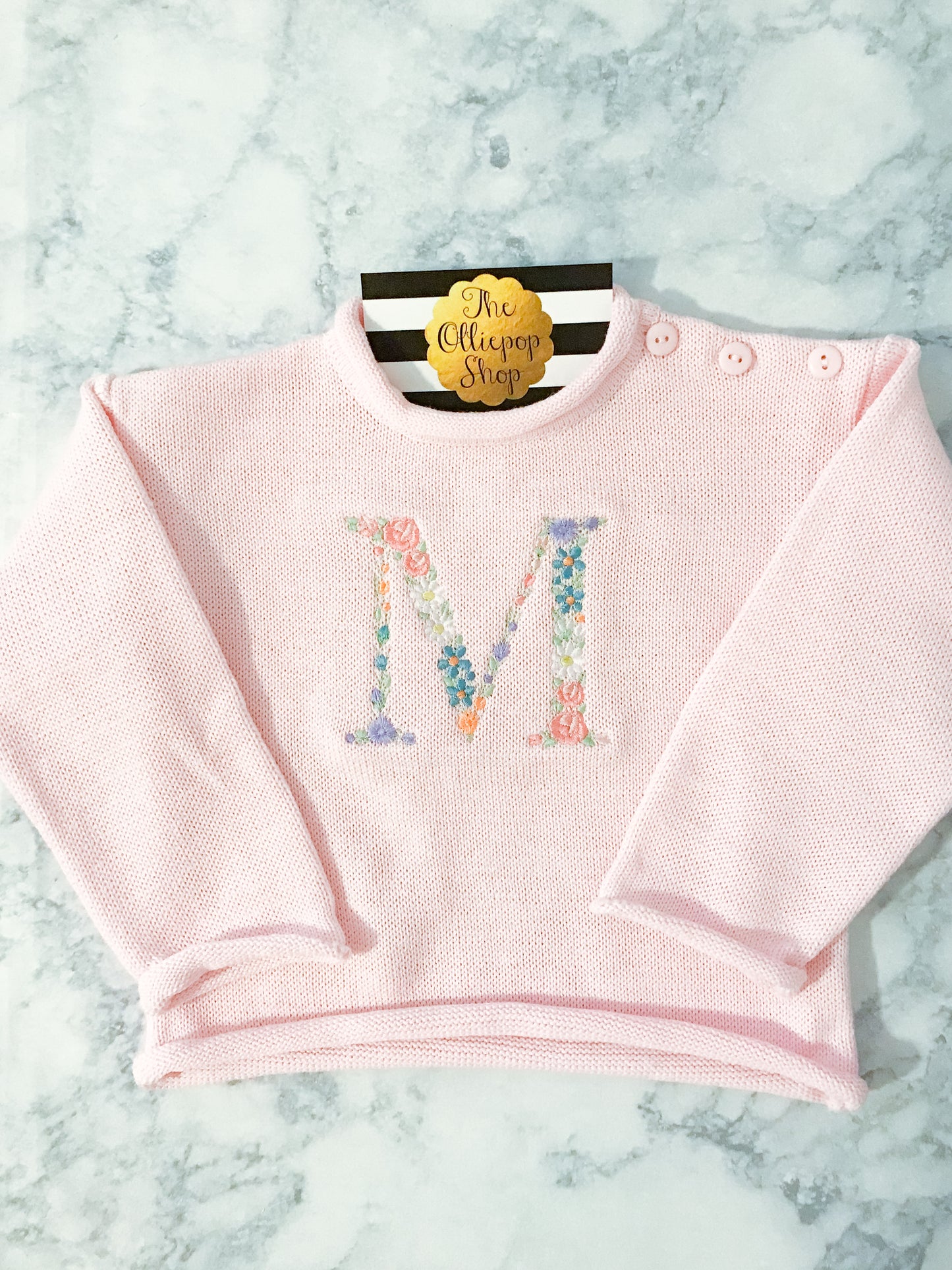 Floral Initial Rollneck Button Neck Sweater