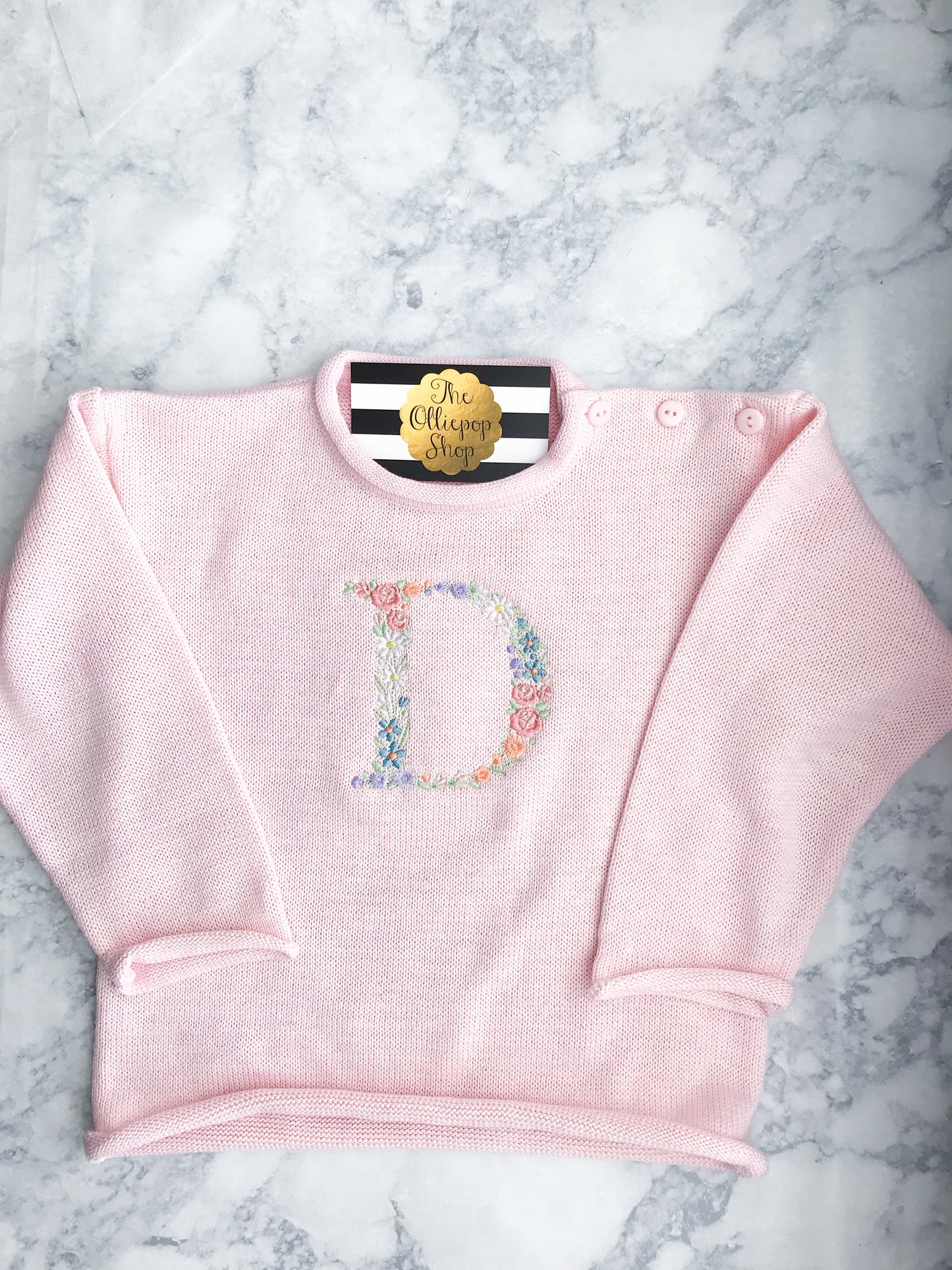 Floral Initial Rollneck Button Neck Sweater