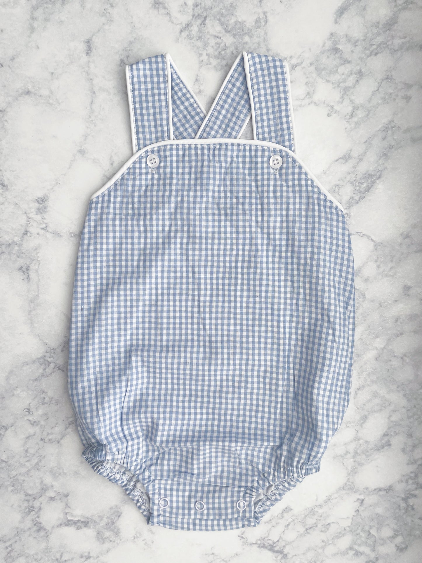 Blue and White Gingham Windowpane Cross Back Bubbles