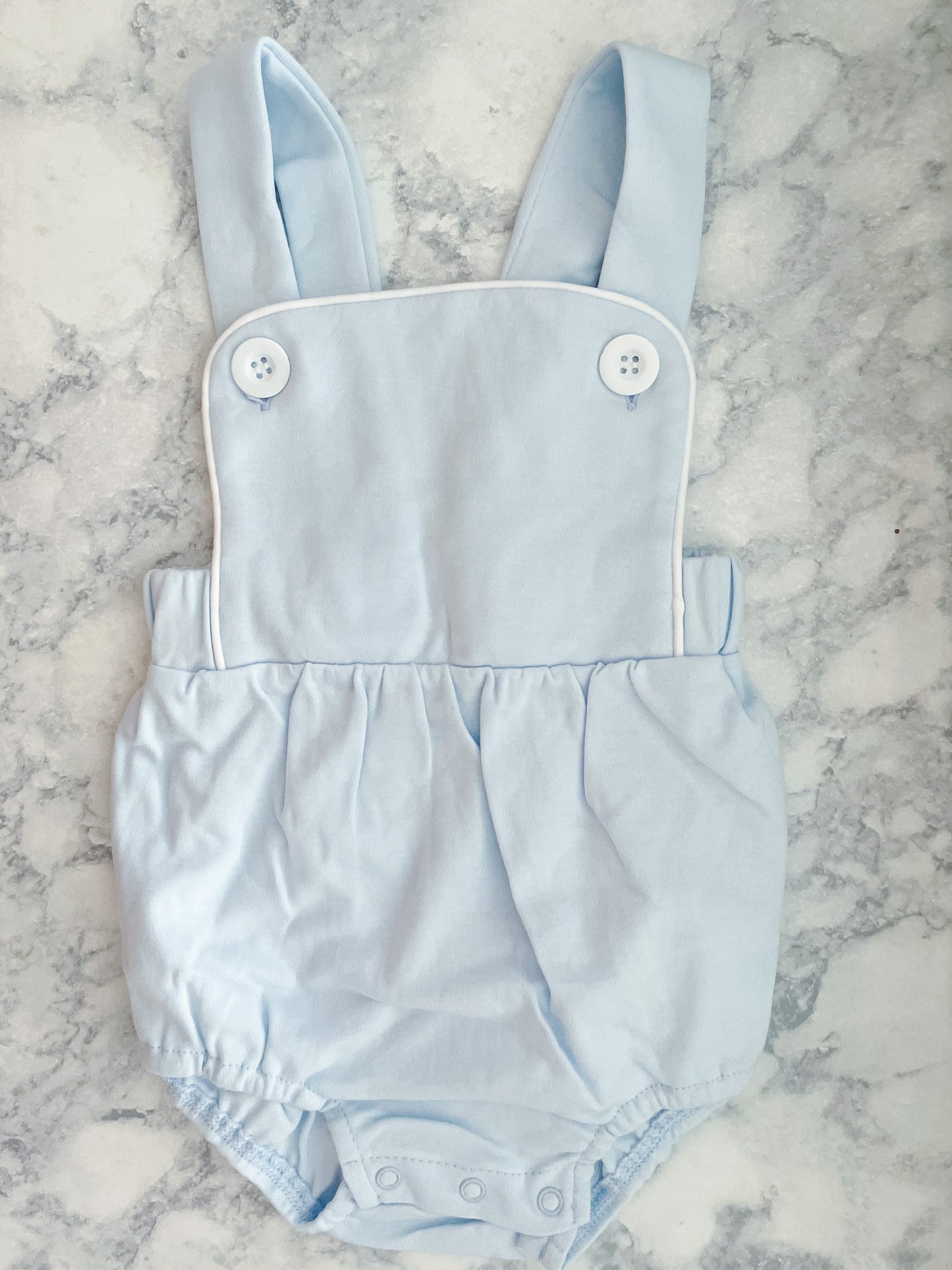 Unisex Plain White Navy or Baby Blue Bubble Monogram Personalized Sun Suit Bubble with Snap Closure