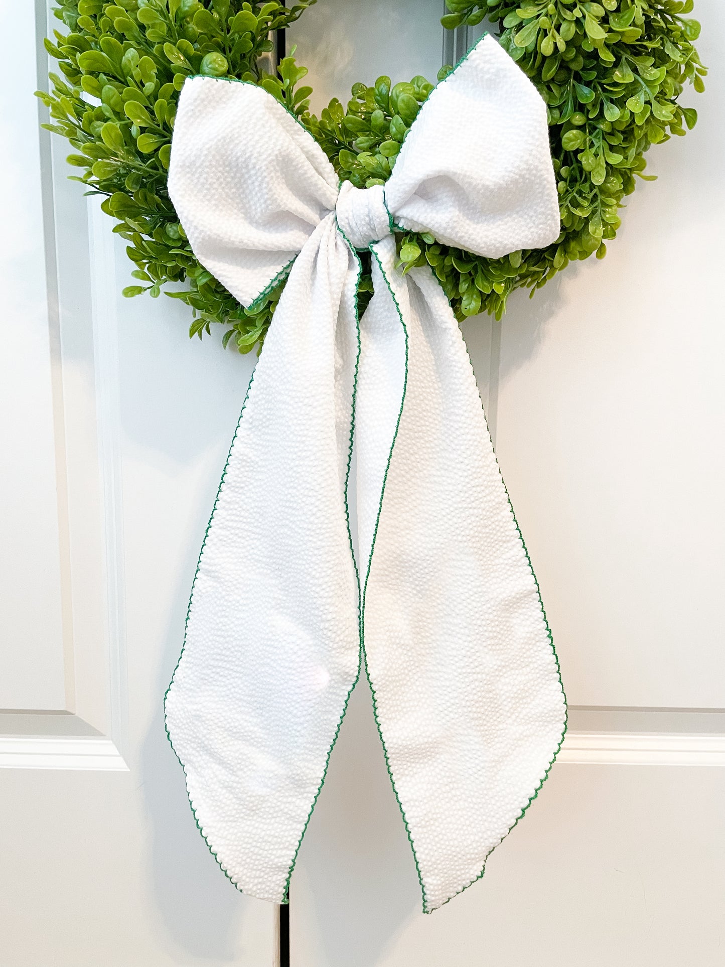 Mardi Gras Wreath Sash-White Seersucker with Lavender OR Green Trim