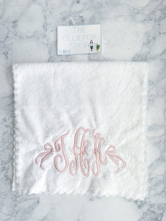 Script Monogram with Side Bows 20" by 10" Ultra Absorbent Burping Cloth, Washcloths, Newborn Towel - Milk Spit Up Rags Burp Clothes for Unisex, Boy, Girl (White)