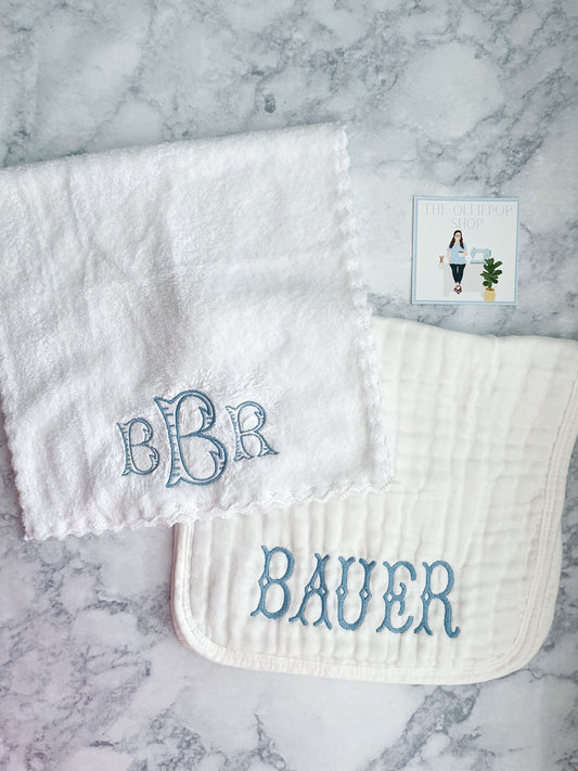 Light Blue Monogram or Name 20" by 10" Ultra Absorbent Burping Cloth, Washcloths, Newborn Towel - Milk Spit Up Rags Burp Clothes for Unisex, Boy, Girl (White)