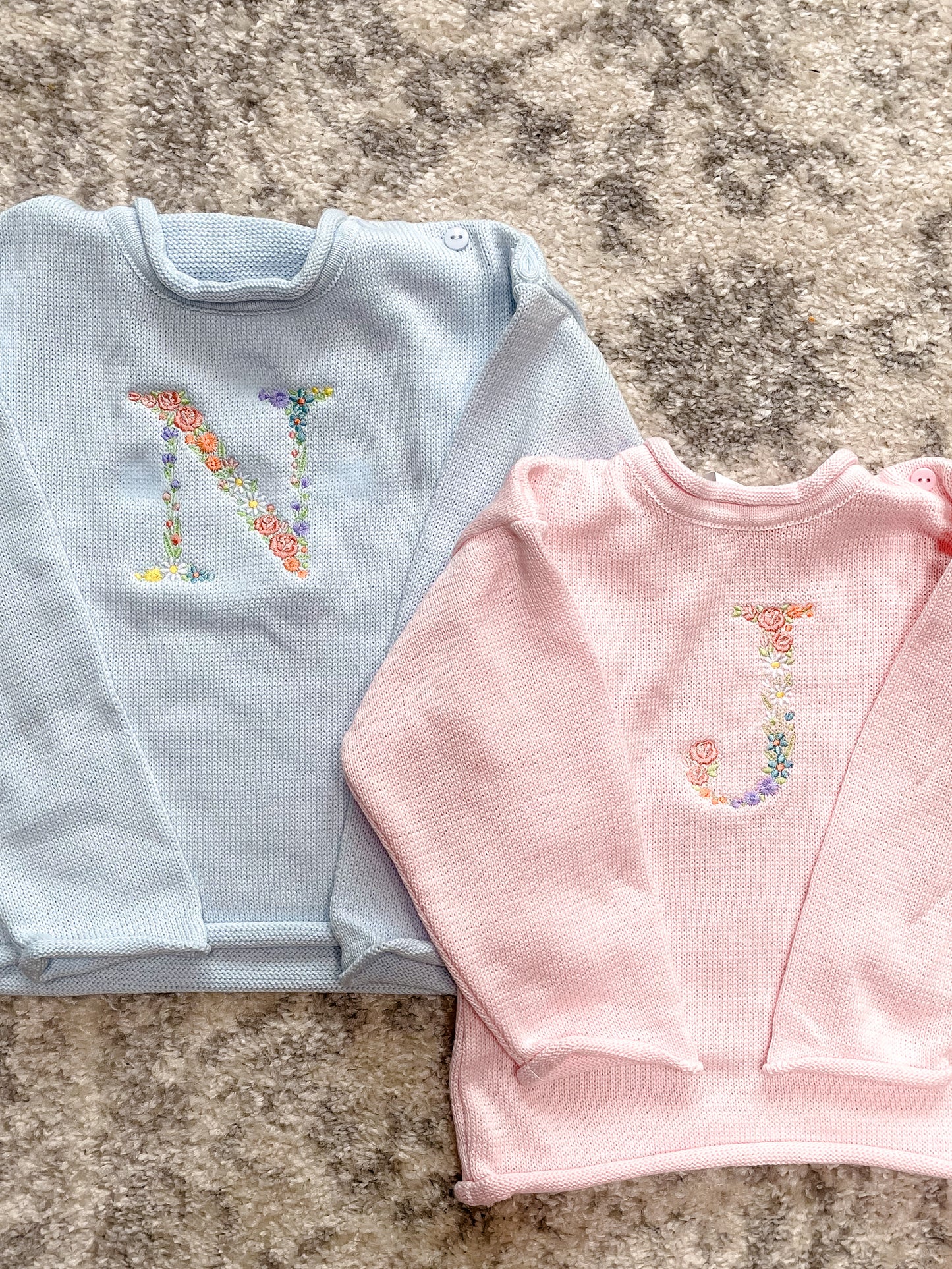 Floral Initial Rollneck Button Neck Sweater