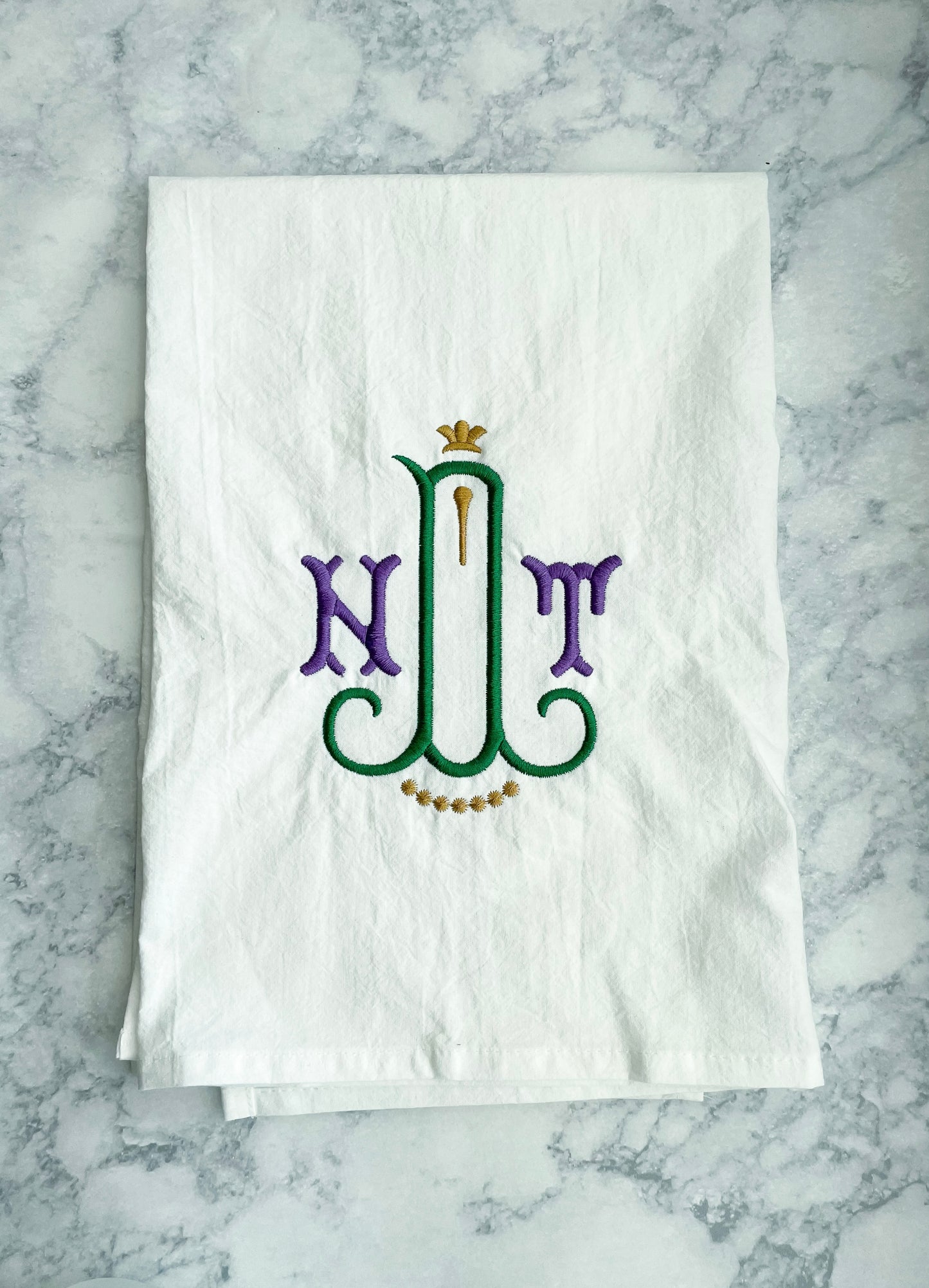 Embroidered Mardi Gras Christmas Housewarming Wedding Gift Three Letter Monogrammed Personalized Flour Sack Kitchen Towel