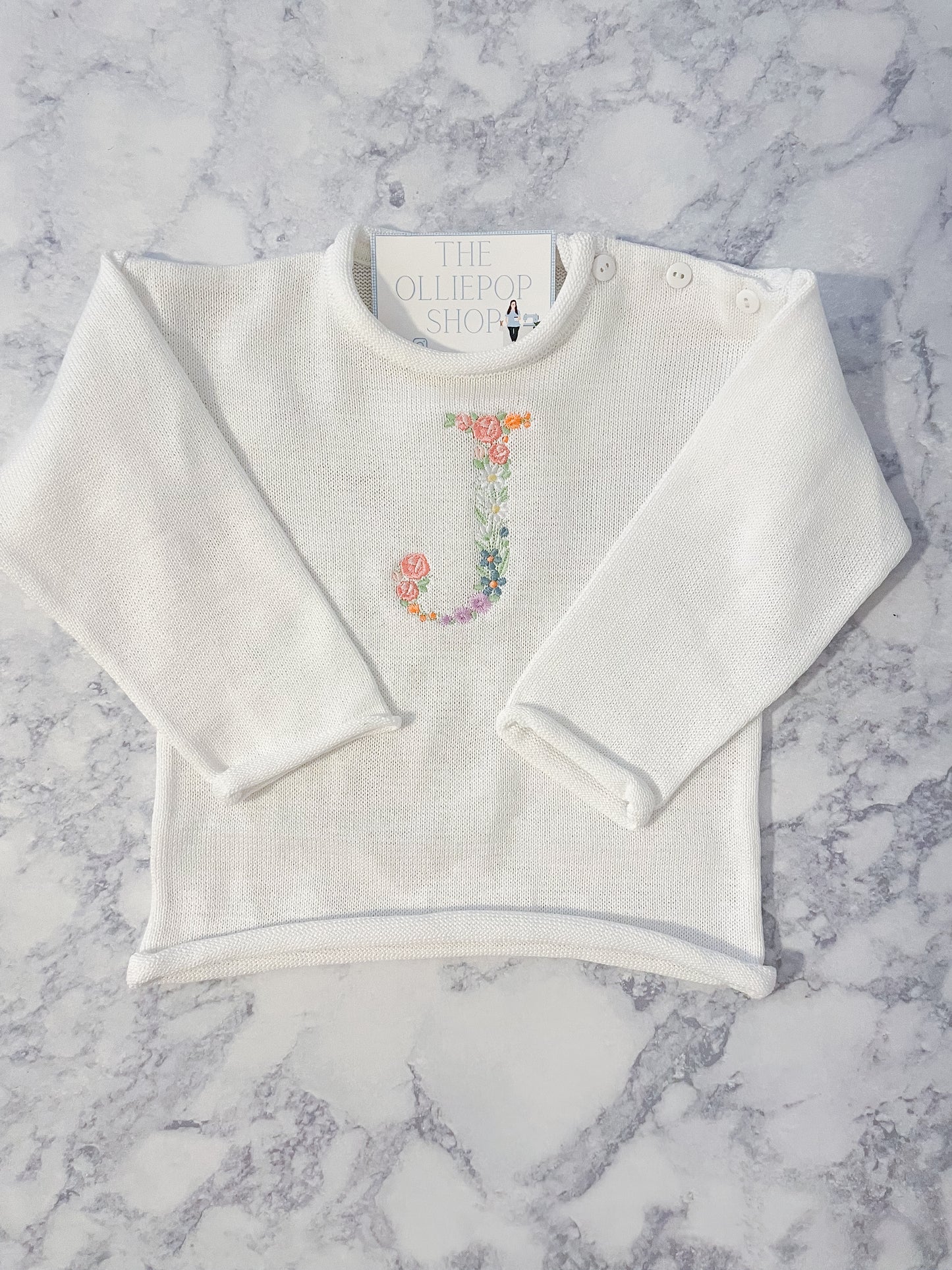 Floral Initial Rollneck Button Neck Sweater