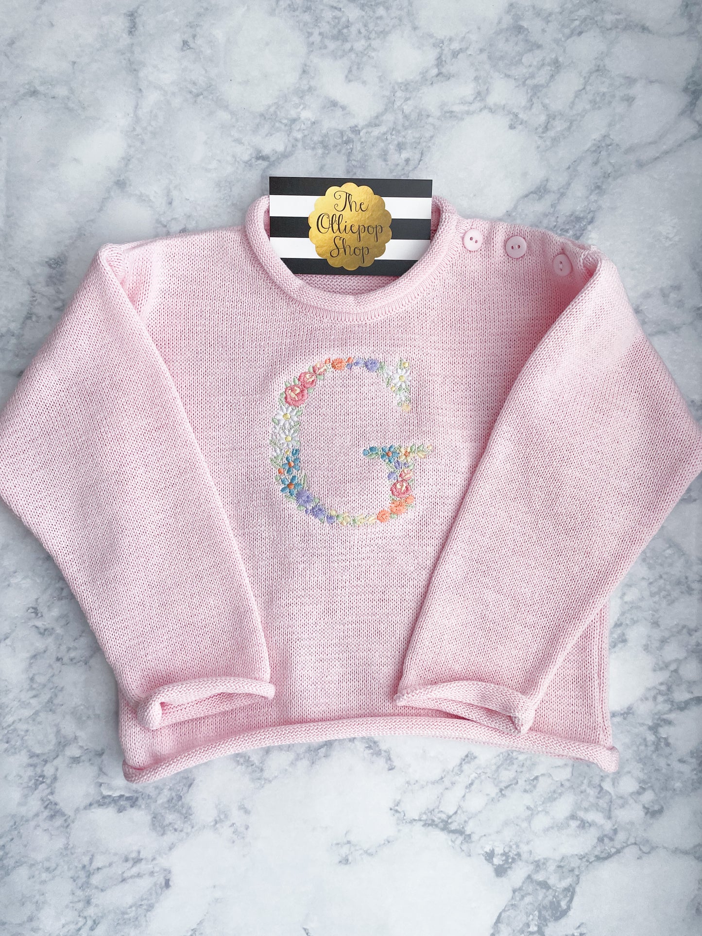 Floral Initial Rollneck Button Neck Sweater