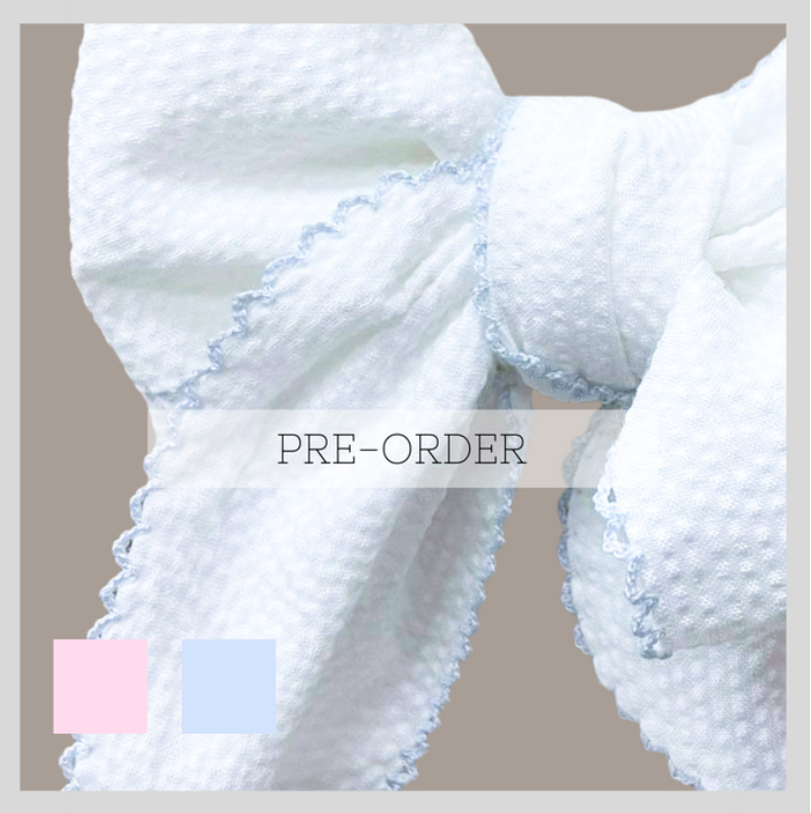 Seersucker moon stitched sashes made of 100% woven cotton Pink or Blue