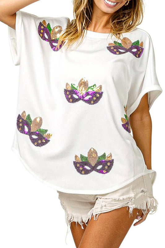 Mardi Gras Mask Sequin Patches Short Sleeve Top